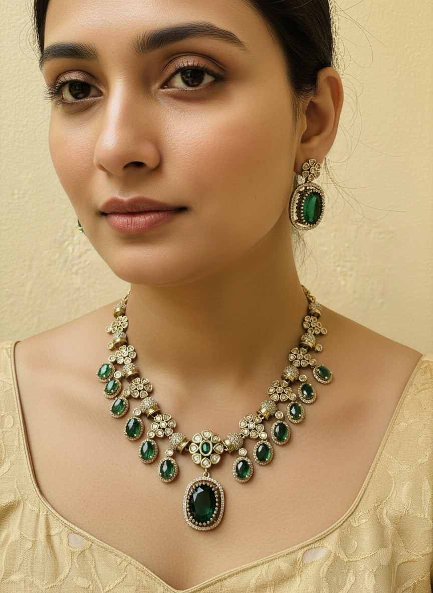 Gold-Plated Green Stone Necklace Set