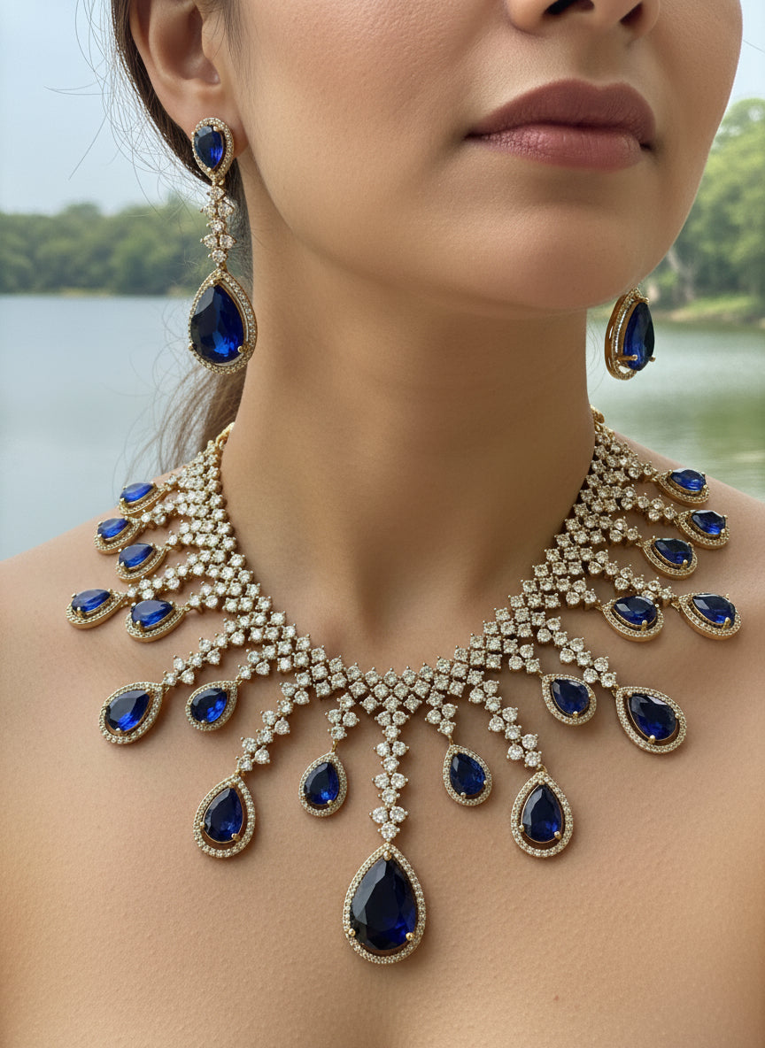 Gold-Plated Teardrop Blue Stone Necklace Set