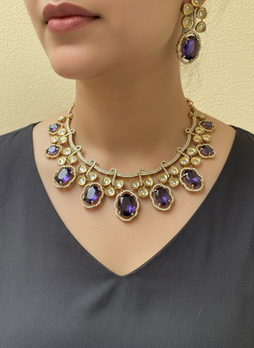 Gold-Plated Purple Stone Necklace Set