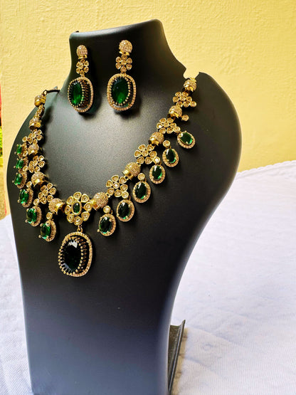 Gold-Plated Green Stone Necklace Set
