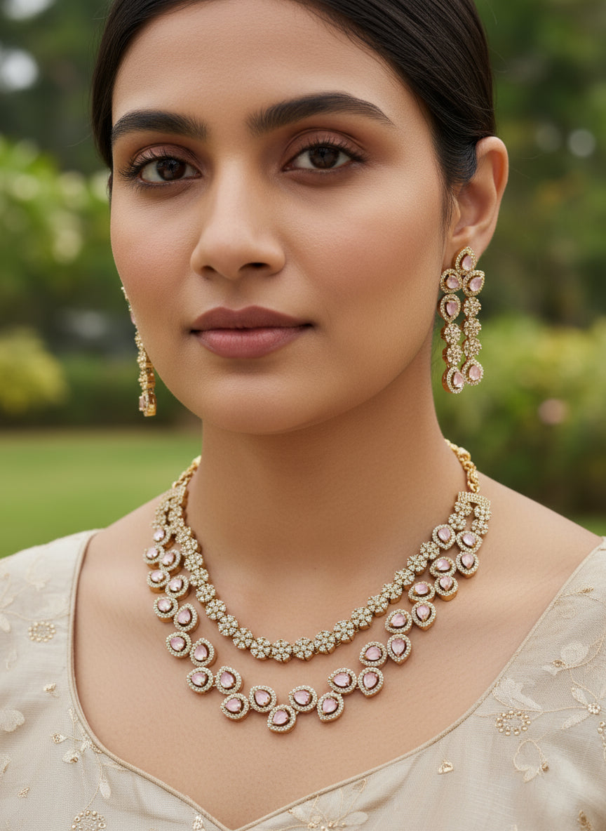 Metal Gold-Plated Jewel Set with Rose Pearl