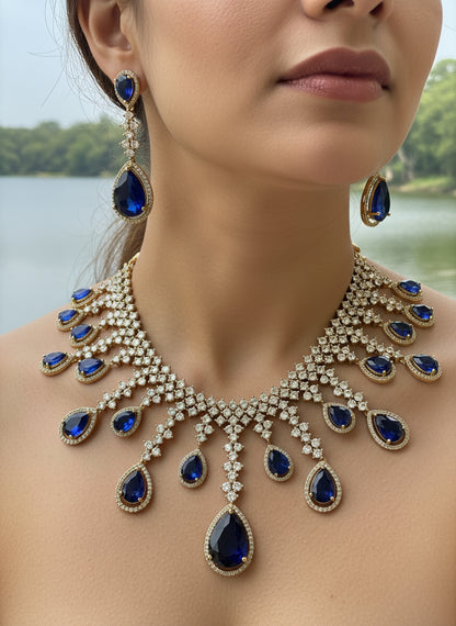 Gold-Plated Teardrop Blue Stone Necklace Set